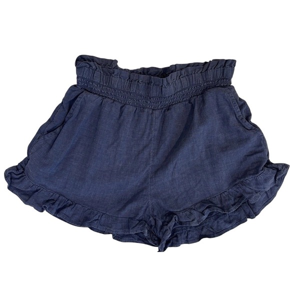 aerie Pants - Aerie Ruffle Hem Shorts Womens‎ XS Navy Blue Smocked Paperbag Waist Linen Blend